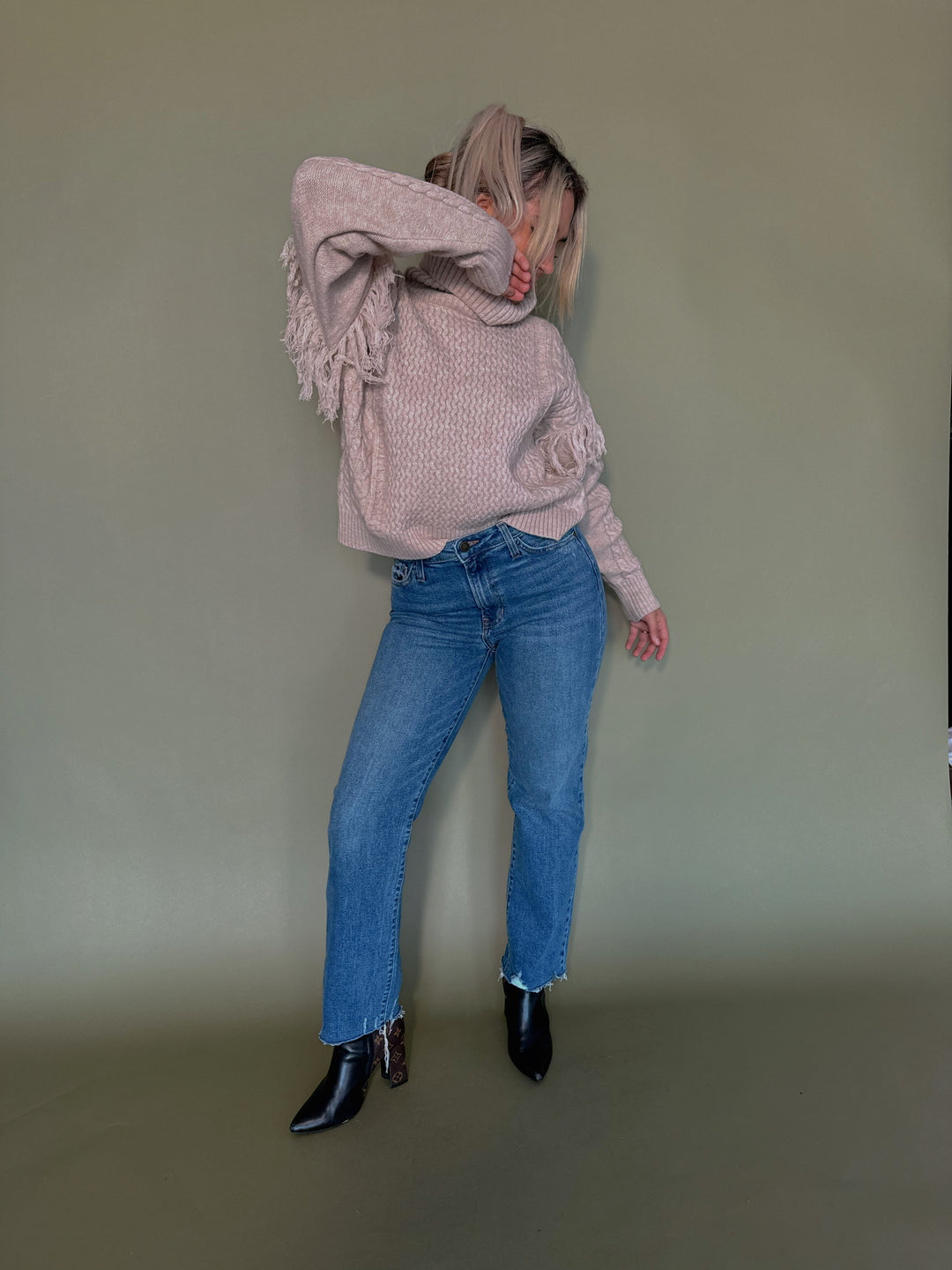 Turtleneck Fringe Accent Cable Knit Sweater