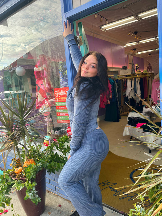 Blue Grey Knit Flared Pants