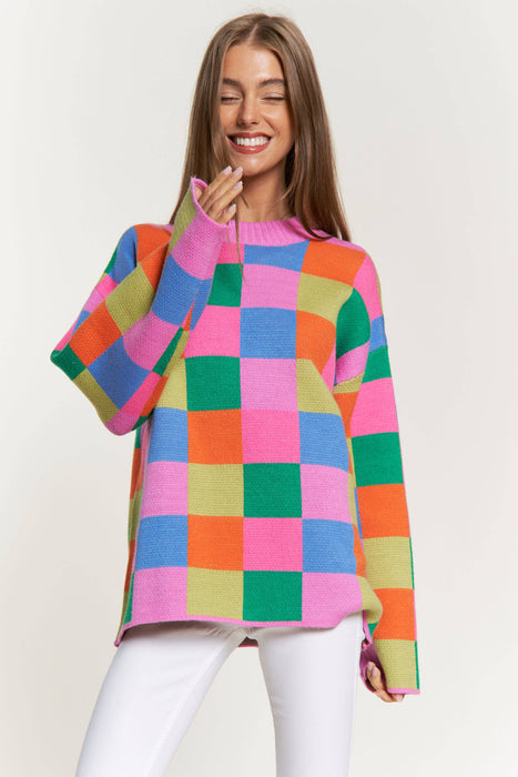 Davi & Dani - MULTI COLOR BLOCKED CHECKER PULLOVER SWEATER TOP