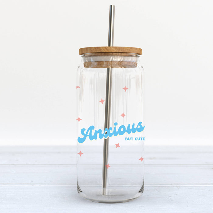 FUN CLUB - Anxious But Cute Glass Cup w/ Bamboo Lid & Straw