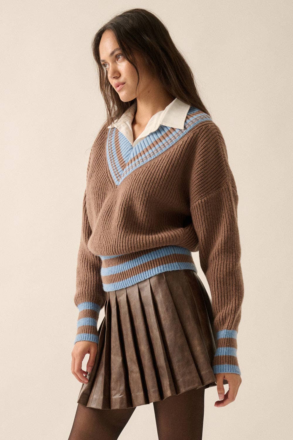 Solid Striped Rib-Knit Sweater