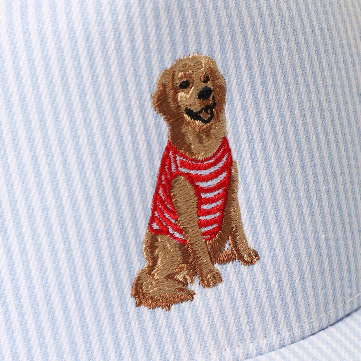 Fashion City - Golden Retriever Embroidered Seersucker Stripe Trucker Hat: BLUE / ONE SIZE