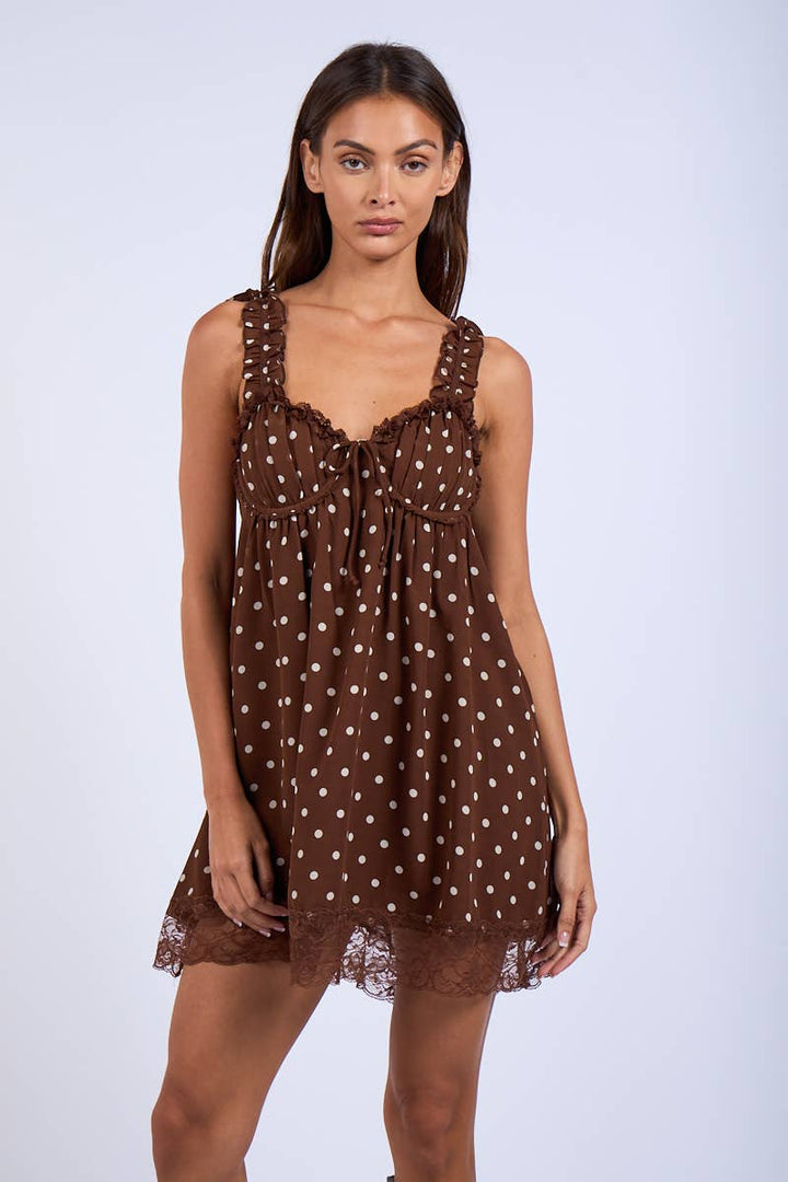 BROWN POLKA DOT RUFFLE LACE SWING MINI DRESS