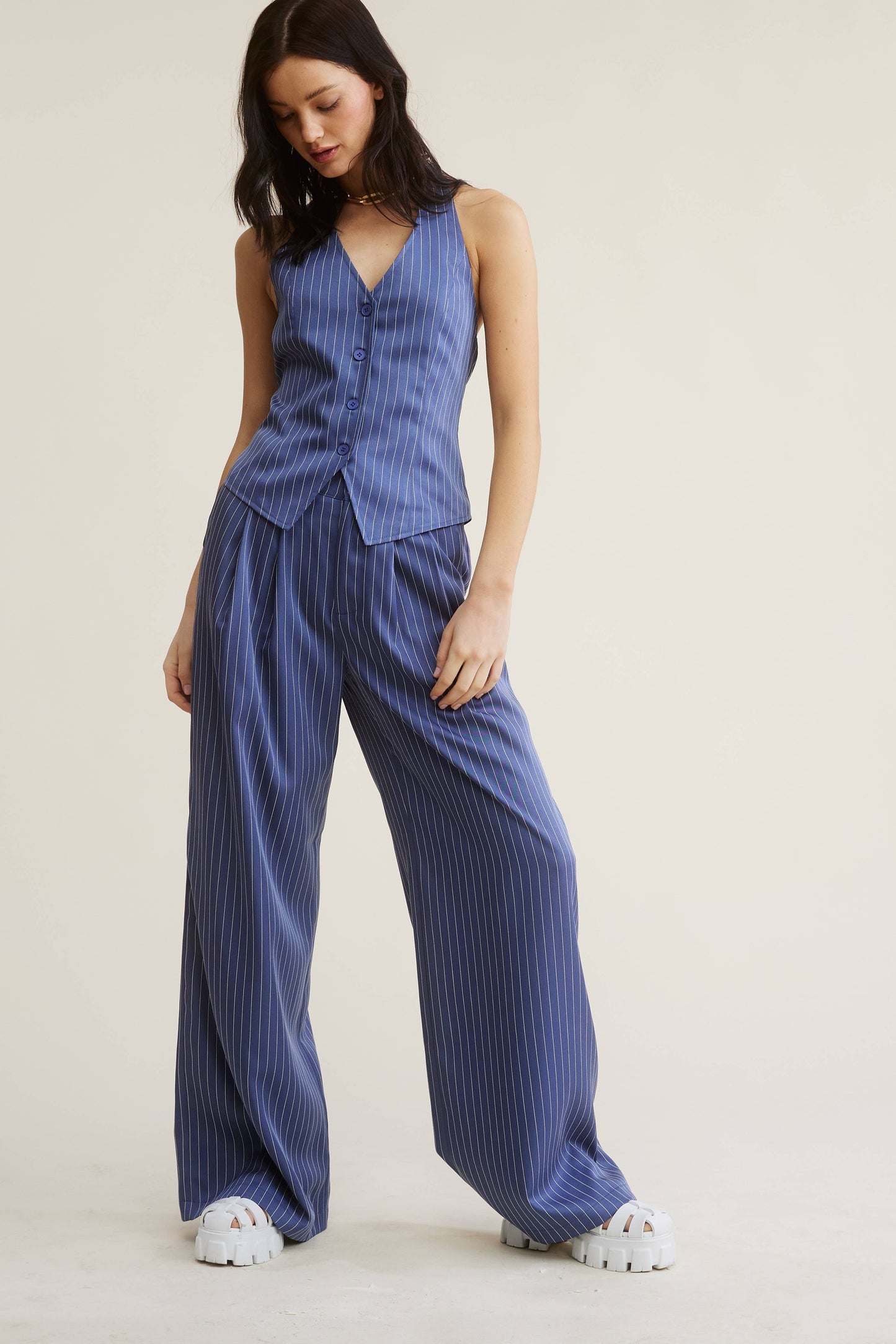 PINSTRIPE HALTER VEST + WIDE LEG PANTS MATCHING SET