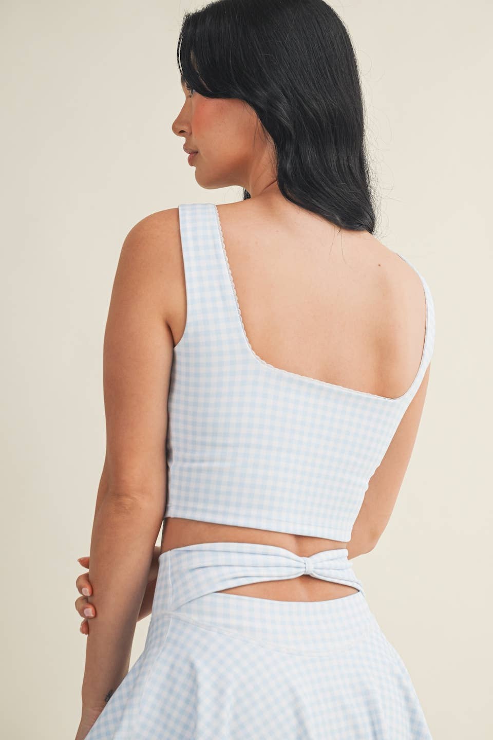 Gingham Print Crop Tank with Lace Trim