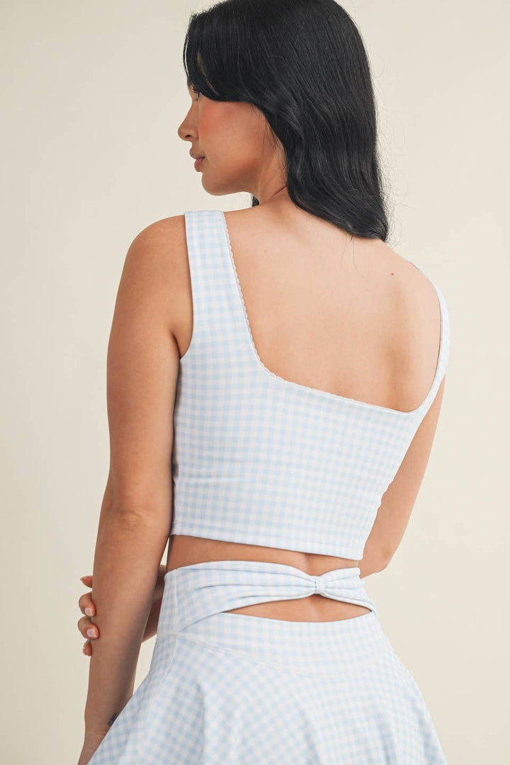 Gingham Print Crop Tank with Lace Trim