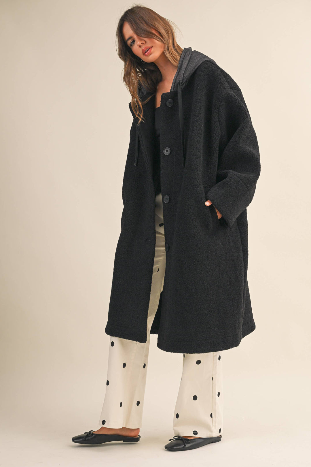 OVERSIZED DENIM CONTRAST HOODIE SHERPA COAT