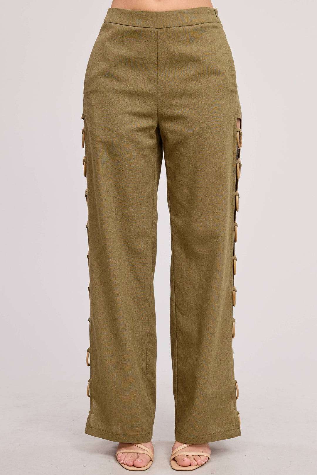 Linen Wide Leg Pants with Wooden Ring Accents