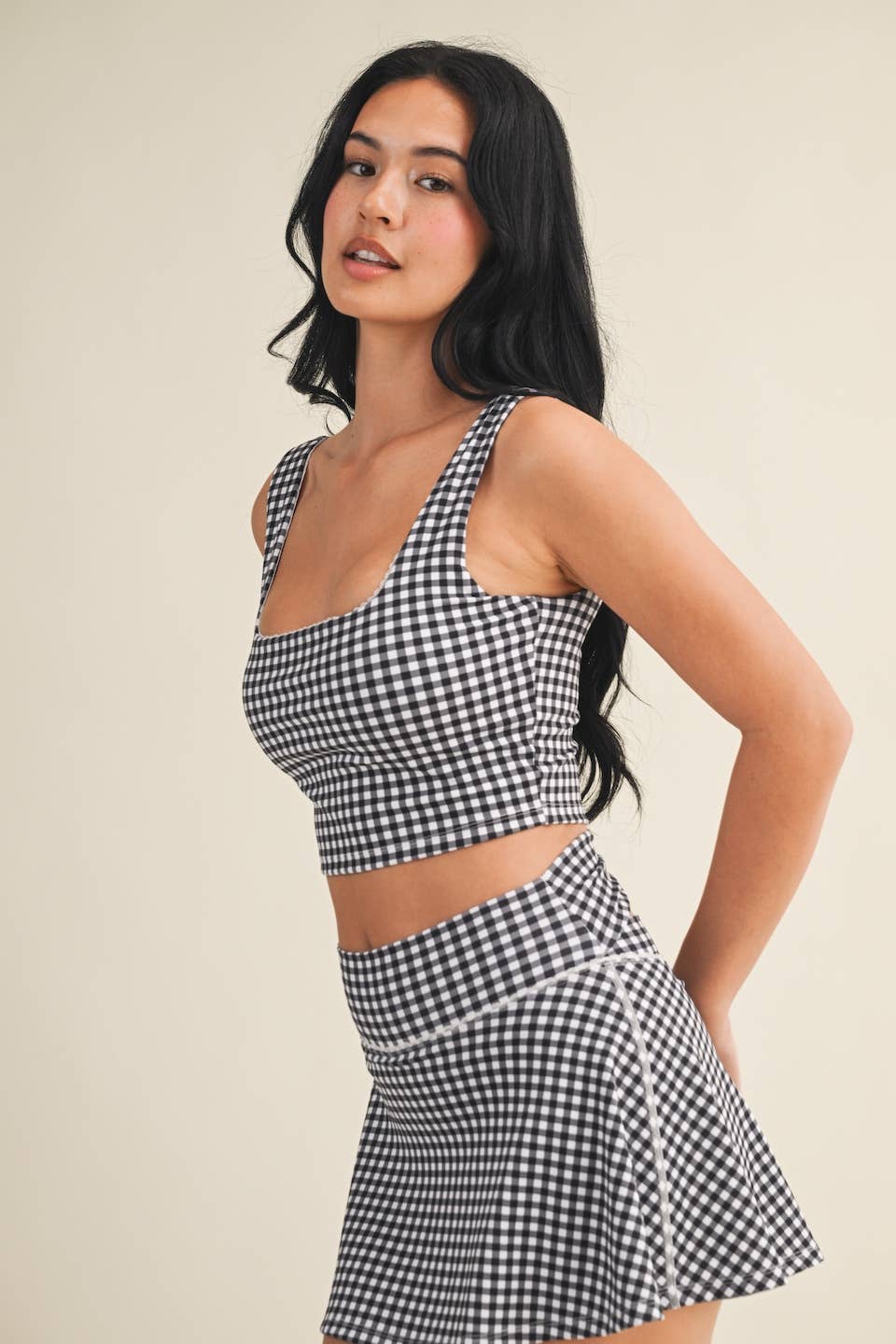 Gingham Print Crop Tank with Lace Trim