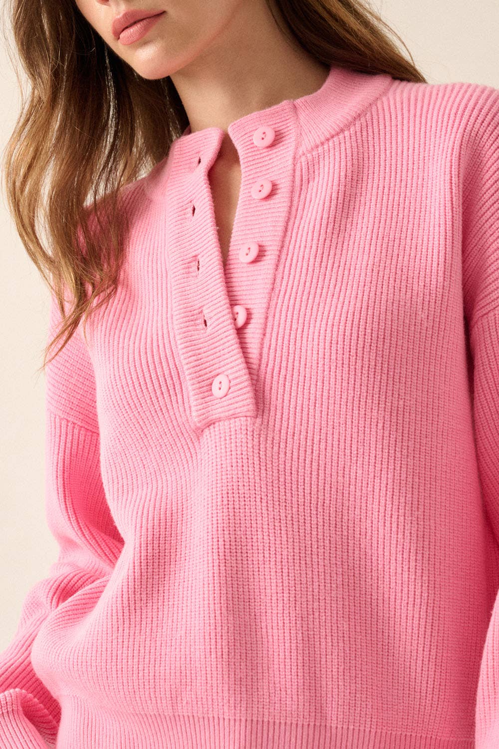 Solid Rib Knit Low Cut Collar Button Up Sweater: Cocoa