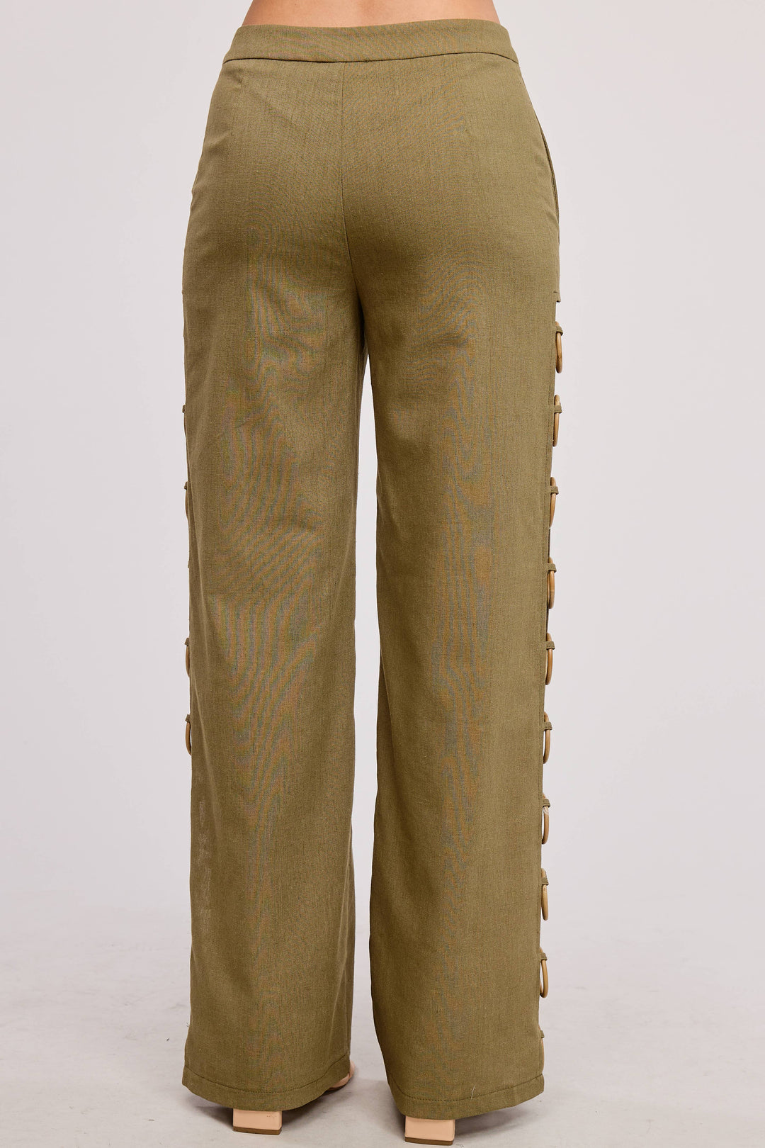 Linen Wide Leg Pants with Wooden Ring Accents