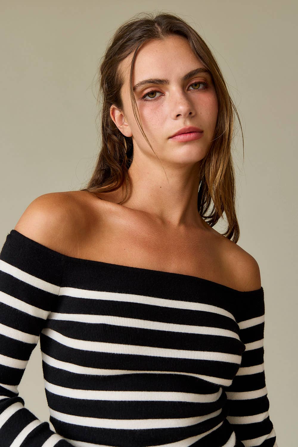 Bella Slim Fit Long Sleeve Striped Off the Shoulder