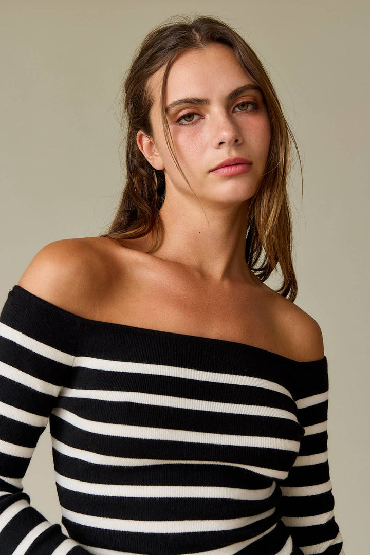 Bella Slim Fit Long Sleeve Striped Off the Shoulder