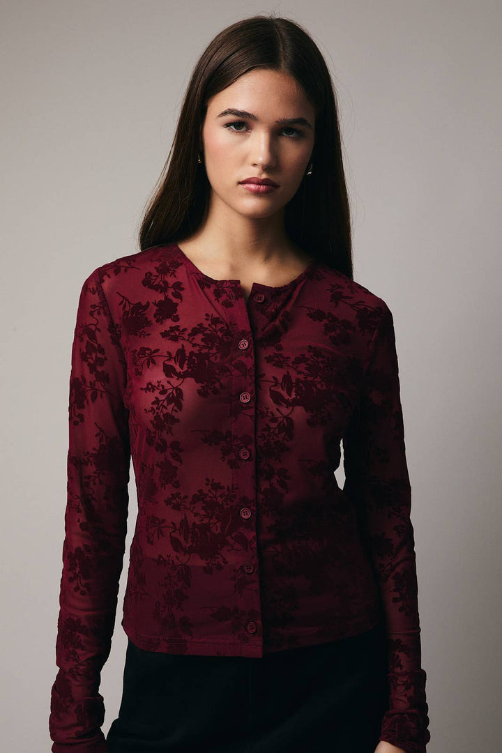 LONG SLEEVE BUTTON UP VELVET TOP