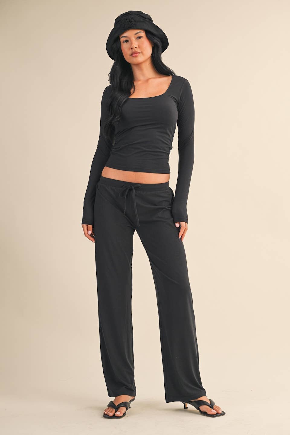 Soft Knit Black Square Neck Long Sleeve