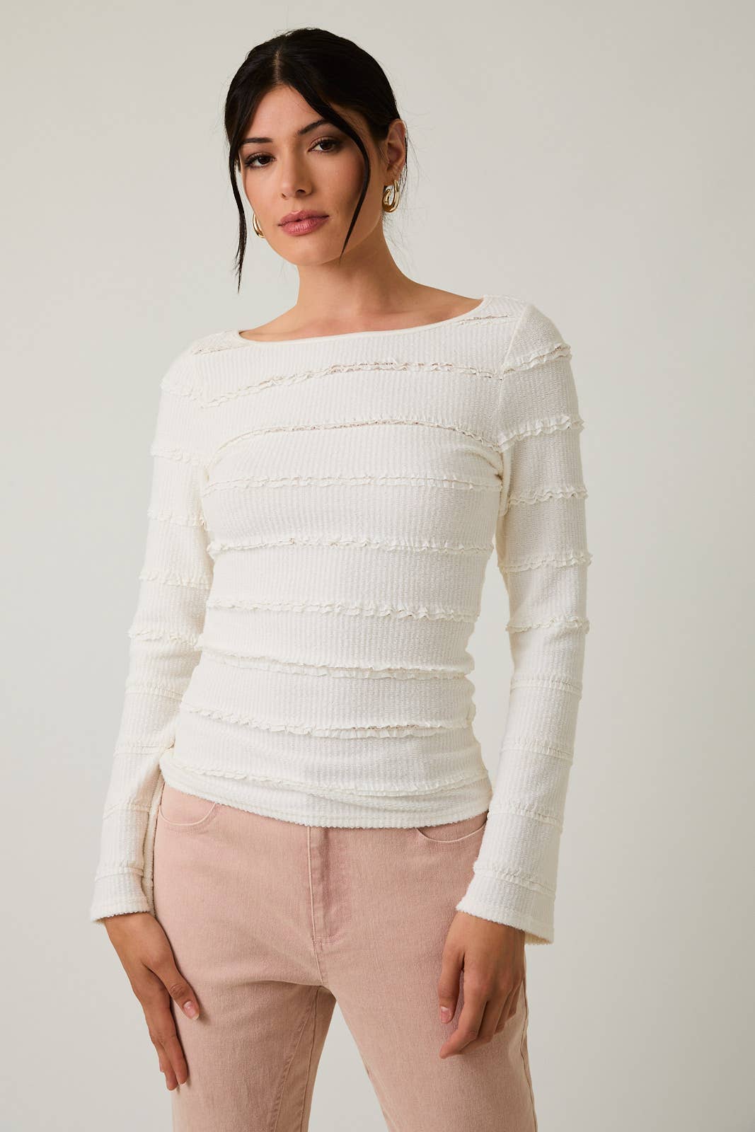 BOAT NECK LONG BELL SLV BRUSHED LACE TOP