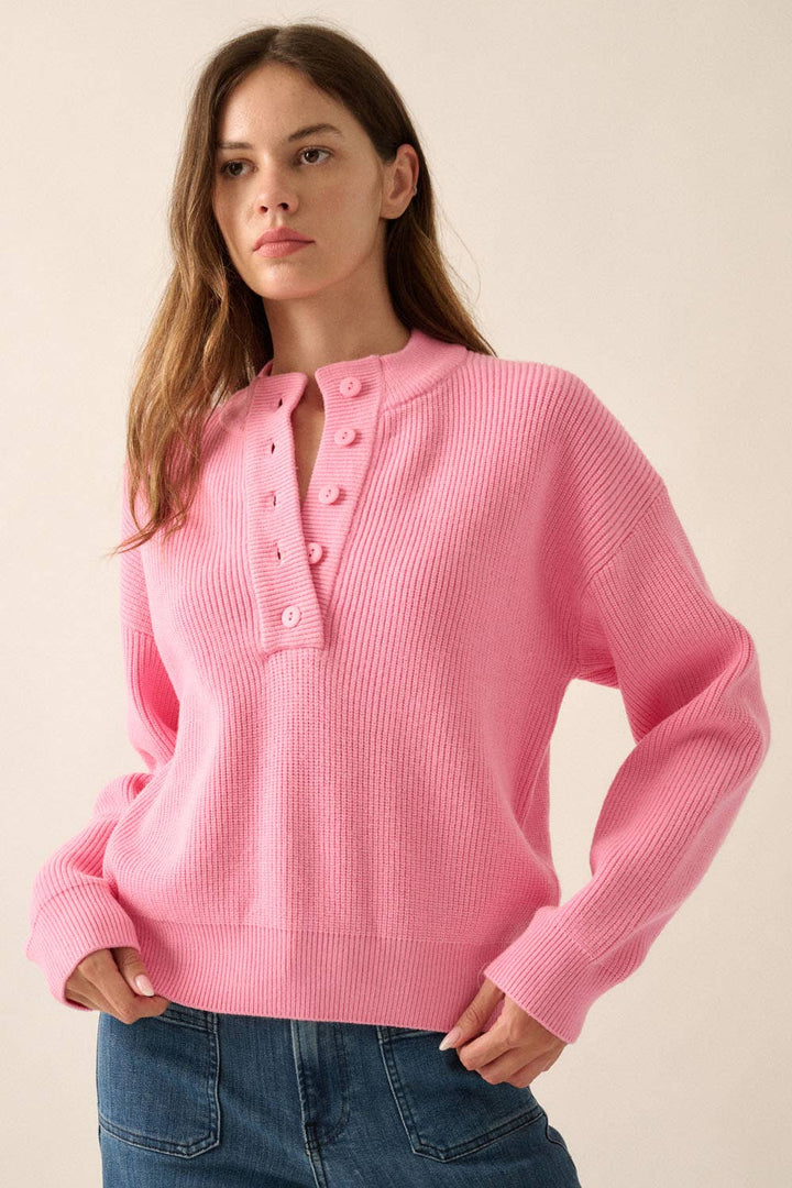 Solid Rib Knit Low Cut Collar Button Up Sweater: Cocoa