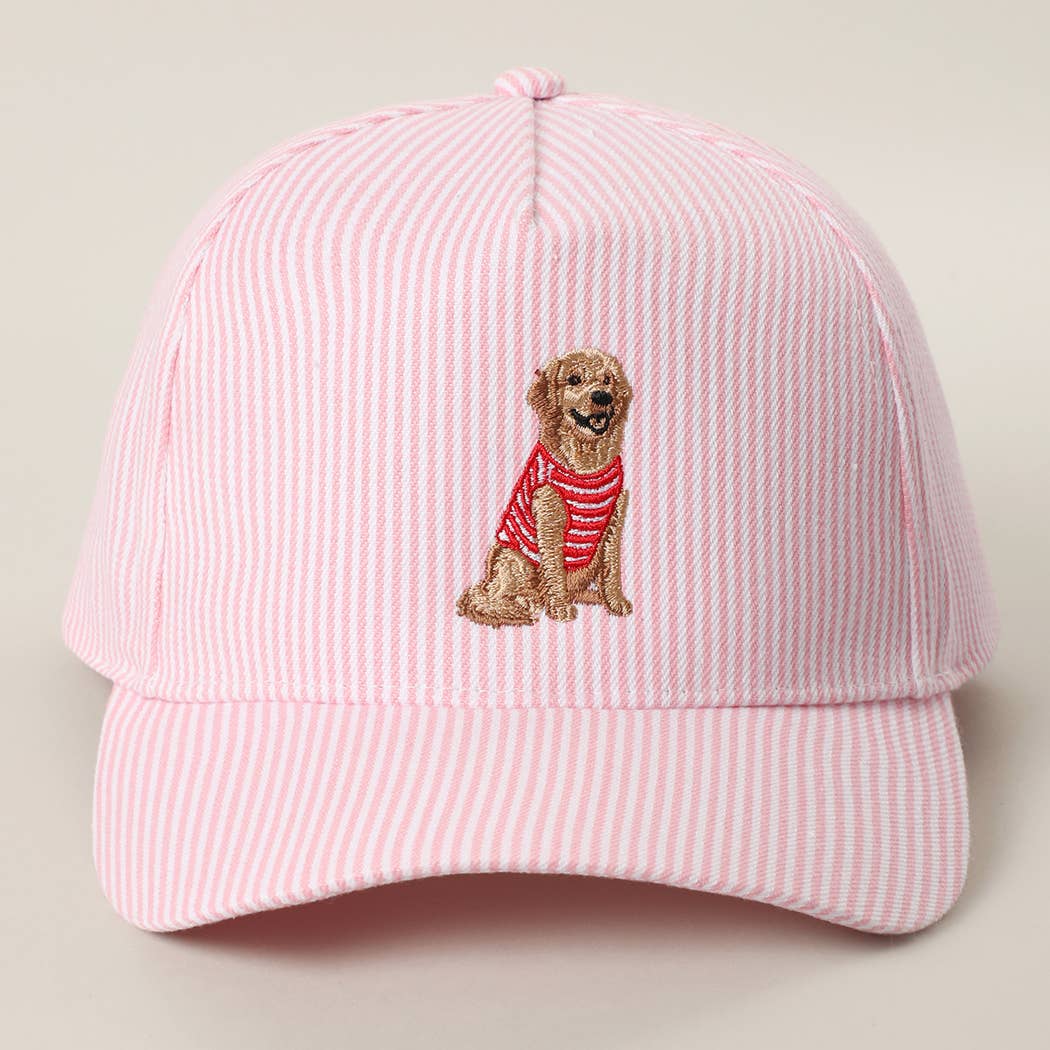 Fashion City - Golden Retriever Embroidered Seersucker Stripe Trucker Hat: BLUE / ONE SIZE