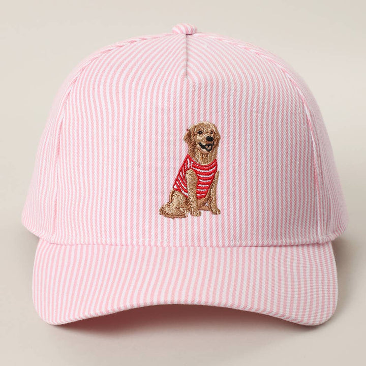 Fashion City - Golden Retriever Embroidered Seersucker Stripe Trucker Hat: BLUE / ONE SIZE