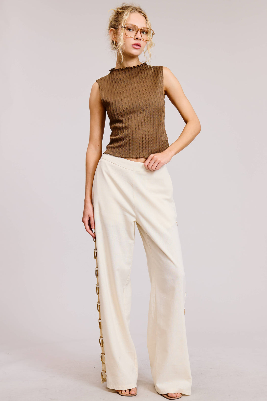 Linen Wide Leg Pants with Wooden Ring Accents