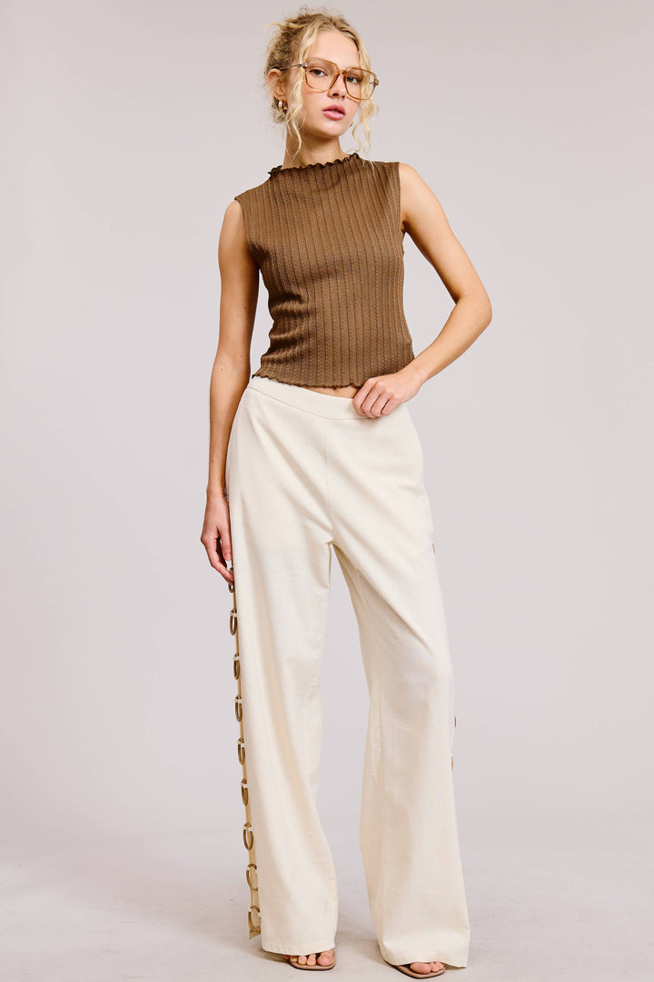Linen Wide Leg Pants with Wooden Ring Accents