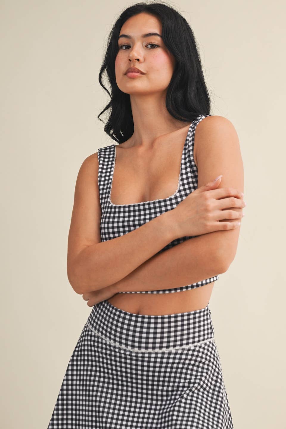 Gingham Print Crop Tank with Lace Trim