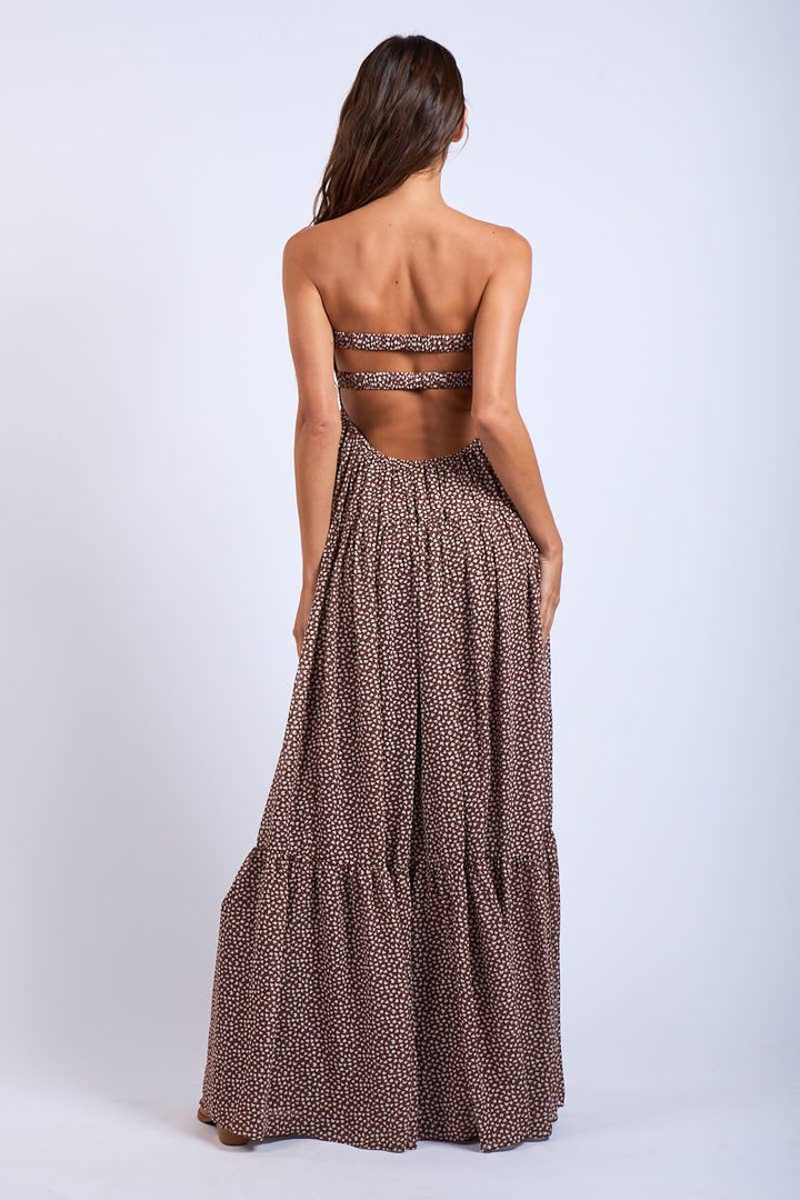 BROWN HEART PRINT TWISTED RUCHED BUST MAXI DRESS