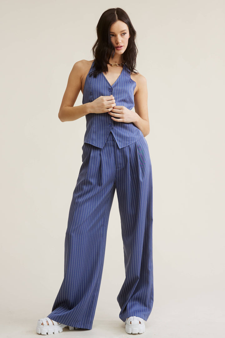 PINSTRIPE HALTER VEST + WIDE LEG PANTS MATCHING SET