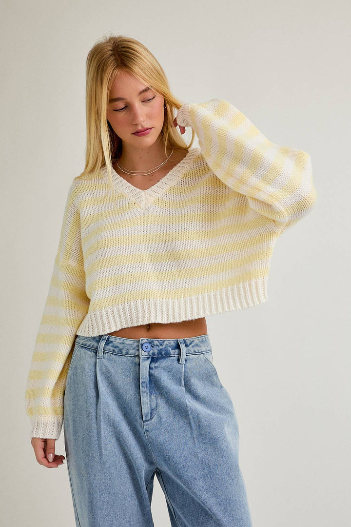 LONG SLEEVE V-NECK STRIPED CROPPED SWEATER- BUTTER