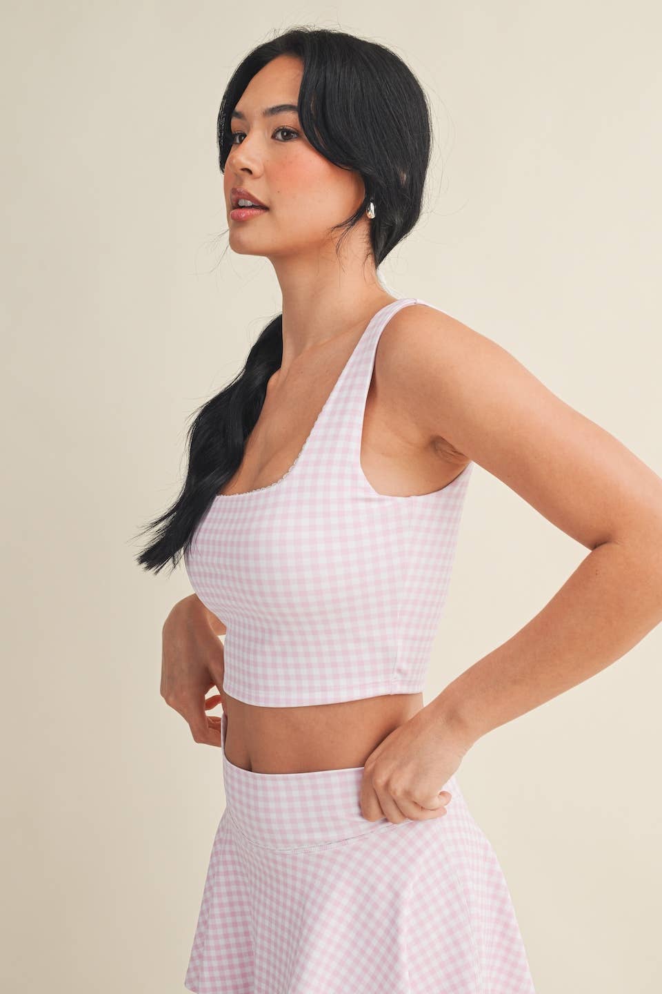 Gingham Print Crop Tank with Lace Trim