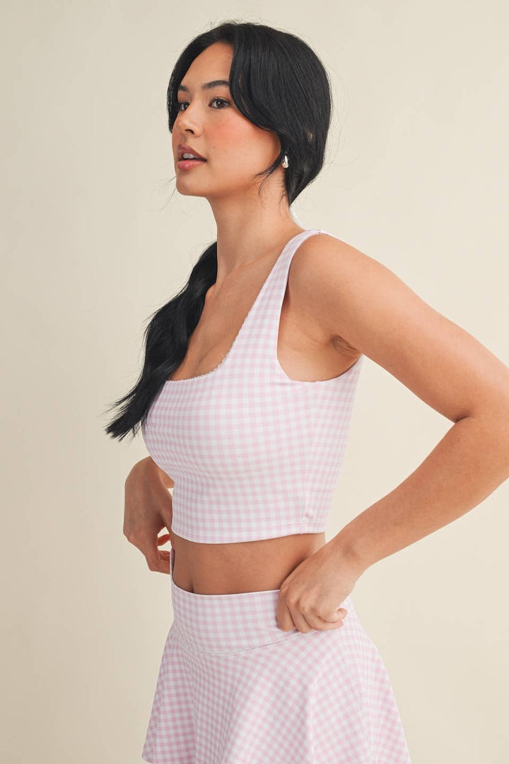 Gingham Print Crop Tank with Lace Trim