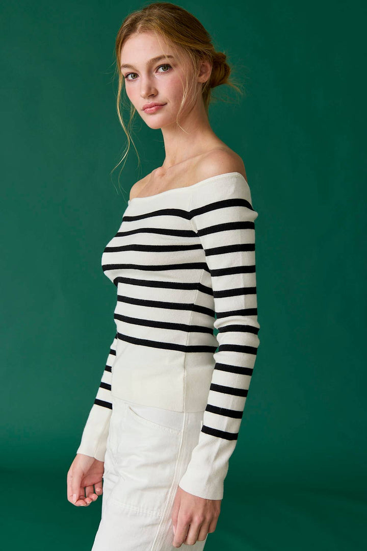 Bella Slim Fit Long Sleeve Striped Off the Shoulder
