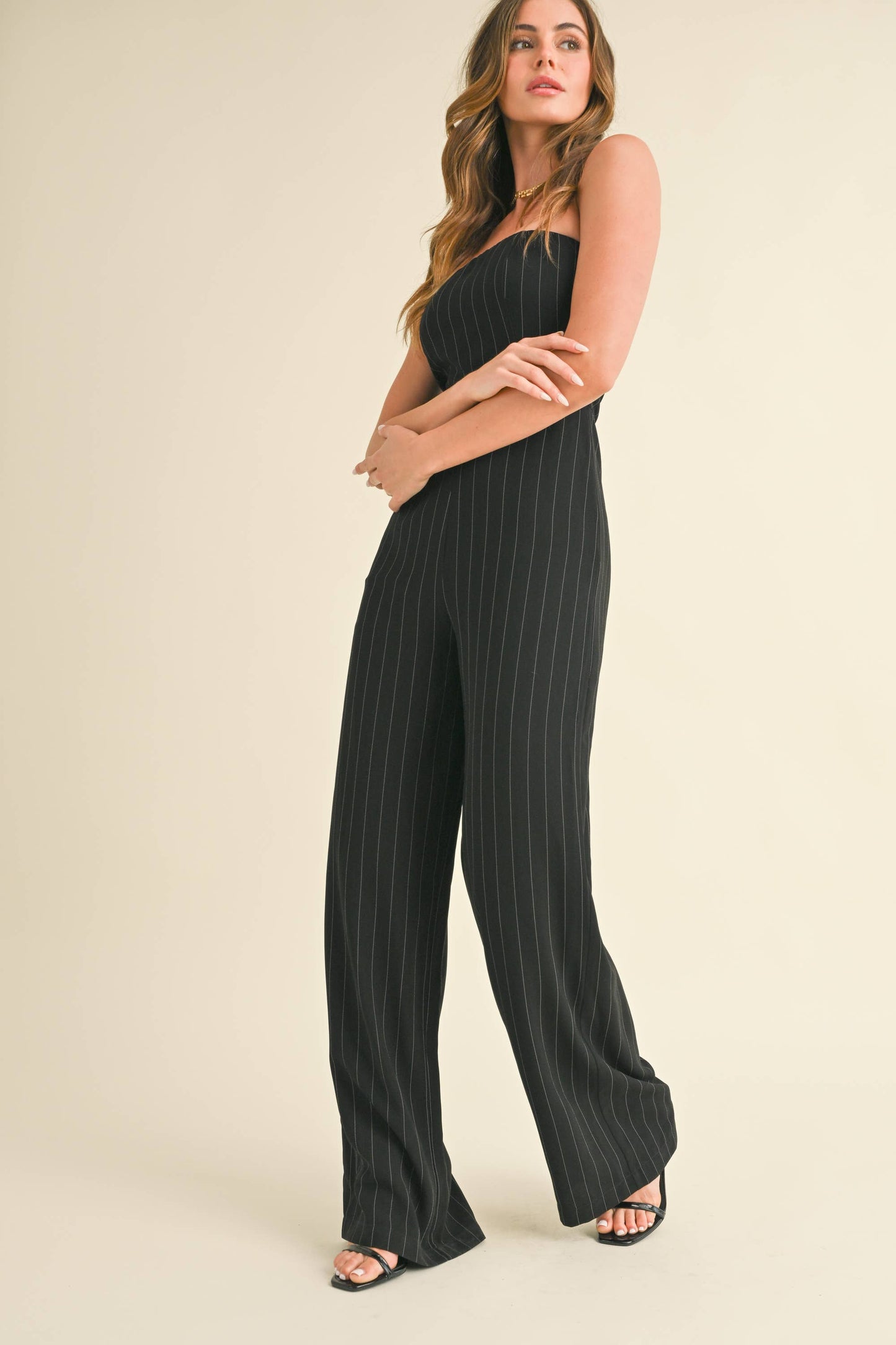 PIN STRIPED TUBE WIDE LEG JUMPSUIT