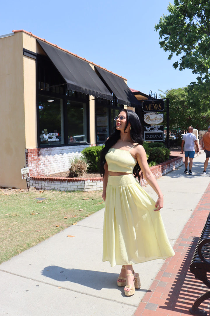 SMOCKED CROP TOP & HIGH WAISTED MIDI SKIRT