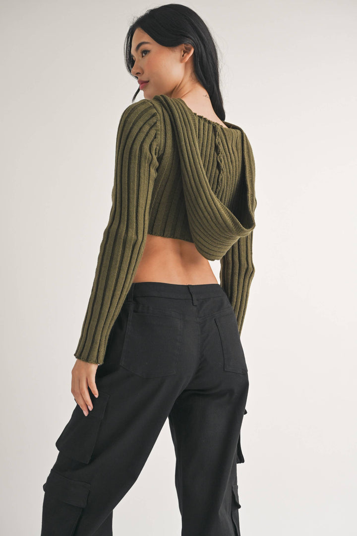 HOODED SWEATER KNIT CROP TOP WITH ASYMMETRICAL HEM