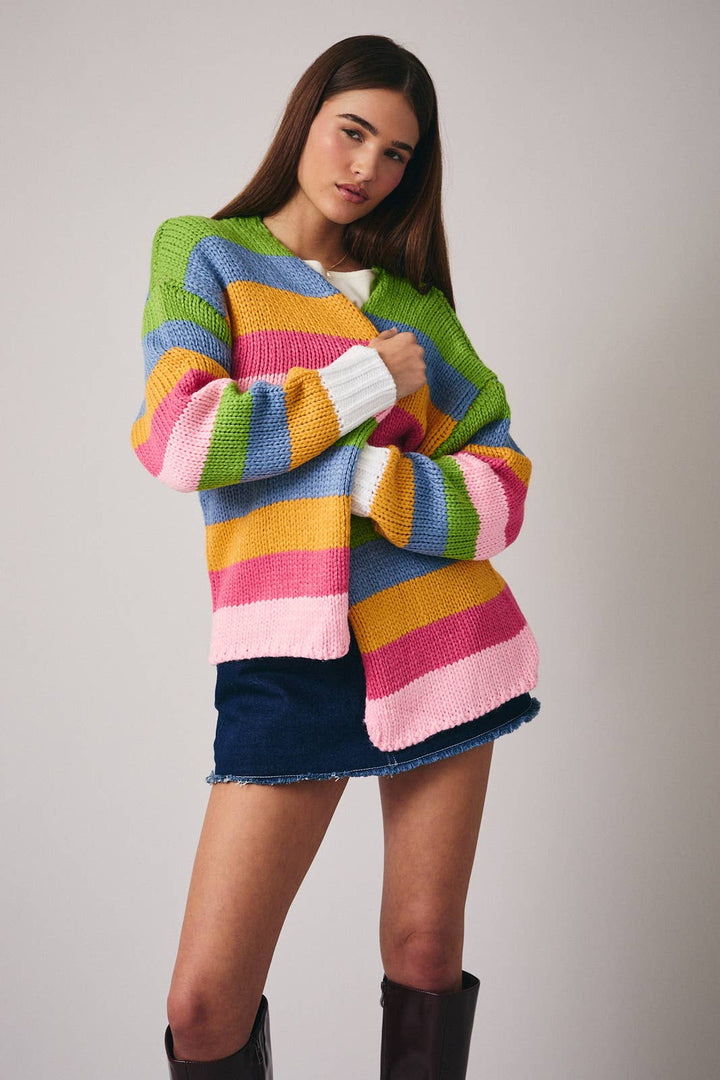 MULTI COLORED STRIPE CHUNKY SWEATER CARDIGAN