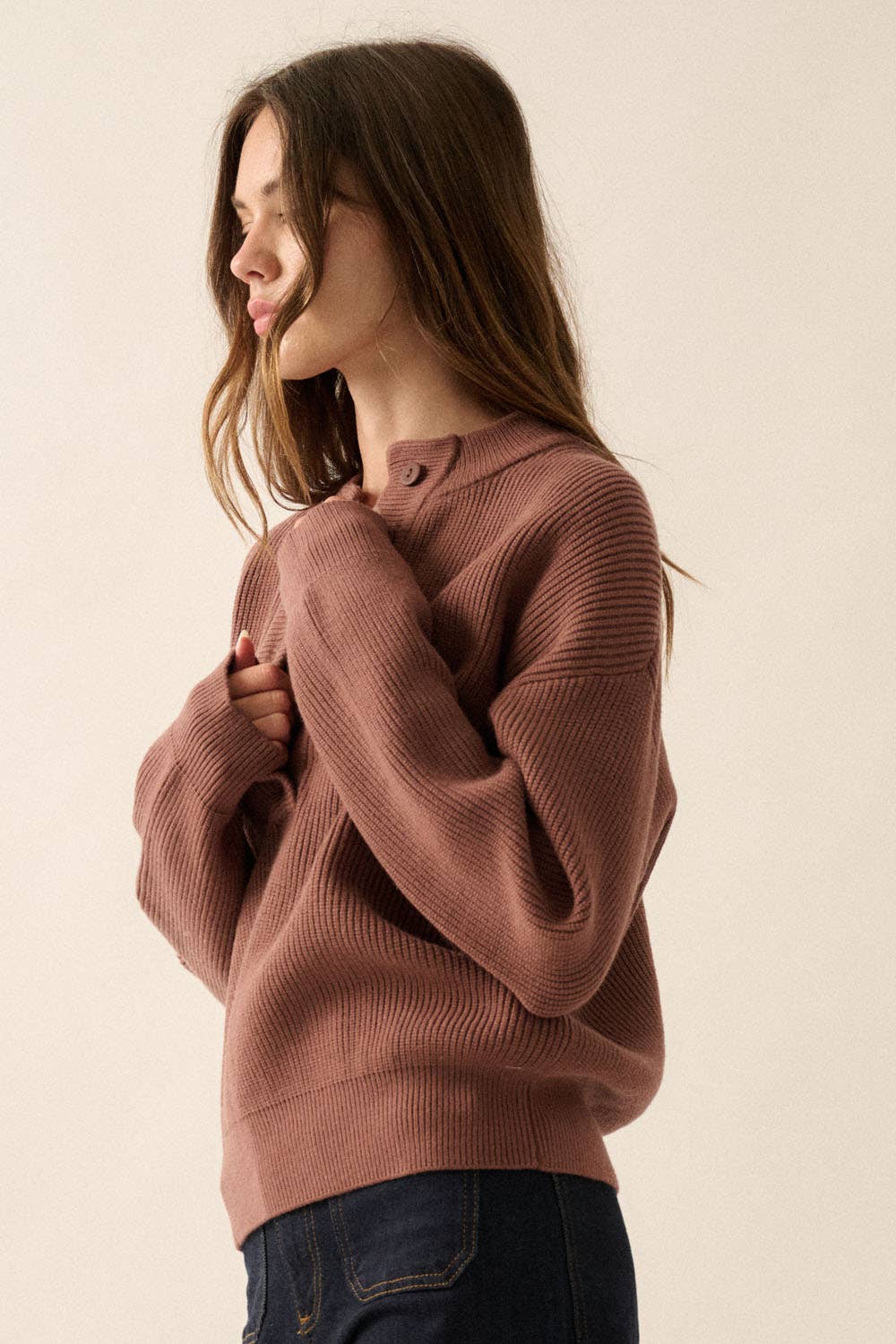 Solid Rib Knit Low Cut Collar Button Up Sweater: Cocoa