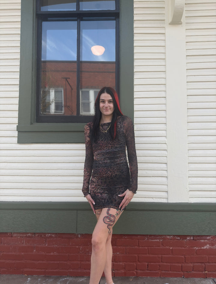 Mesh Print Open Back Mini Dress