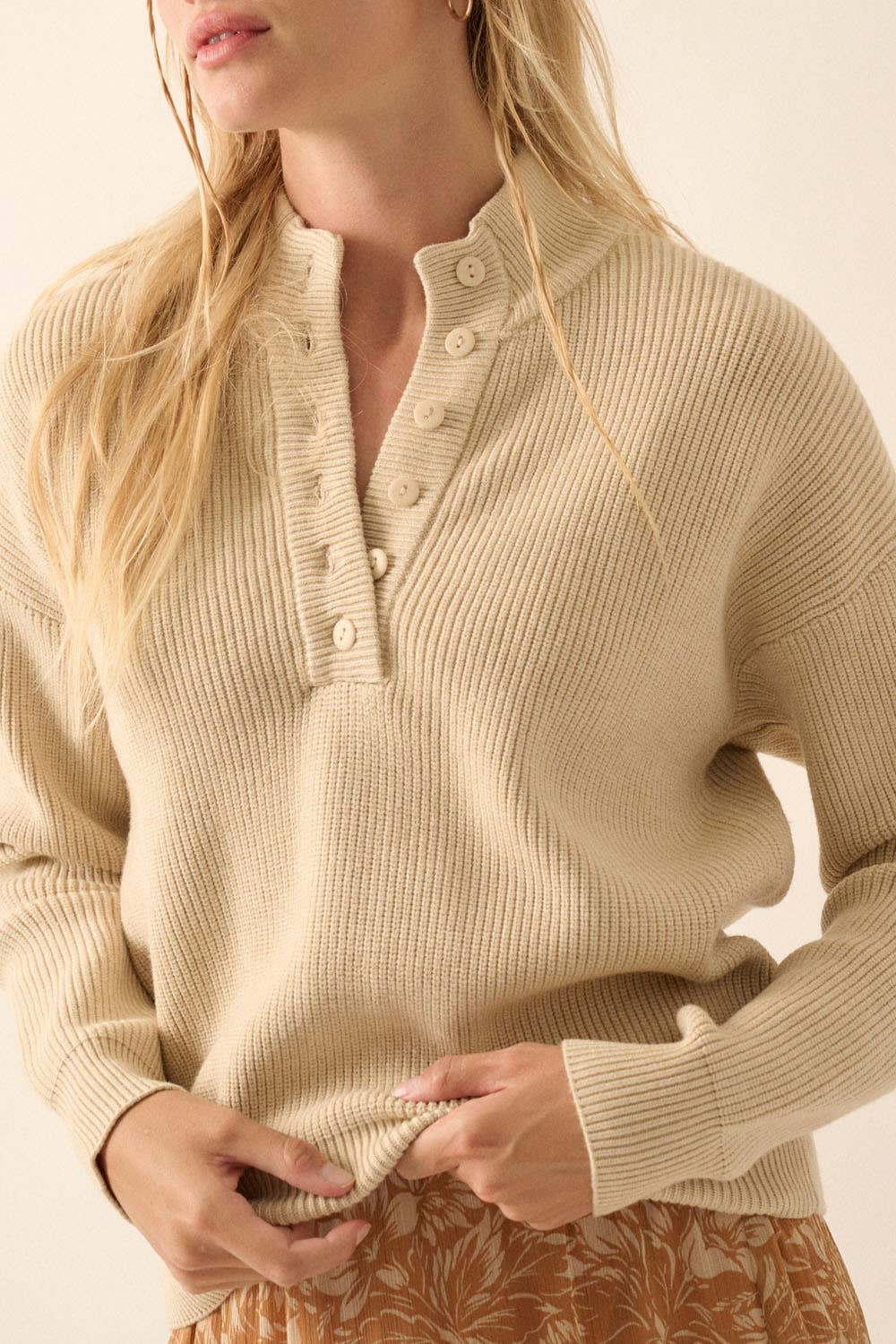 Solid Rib Knit Low Cut Collar Button Up Sweater: Cocoa