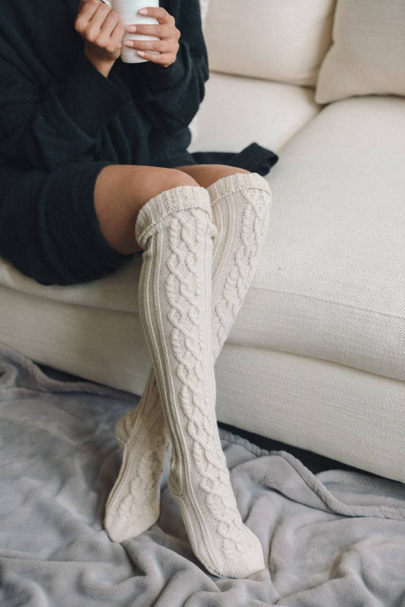 Bold & Cozy Thigh-High Cable Knit Socks for Trendy Winters