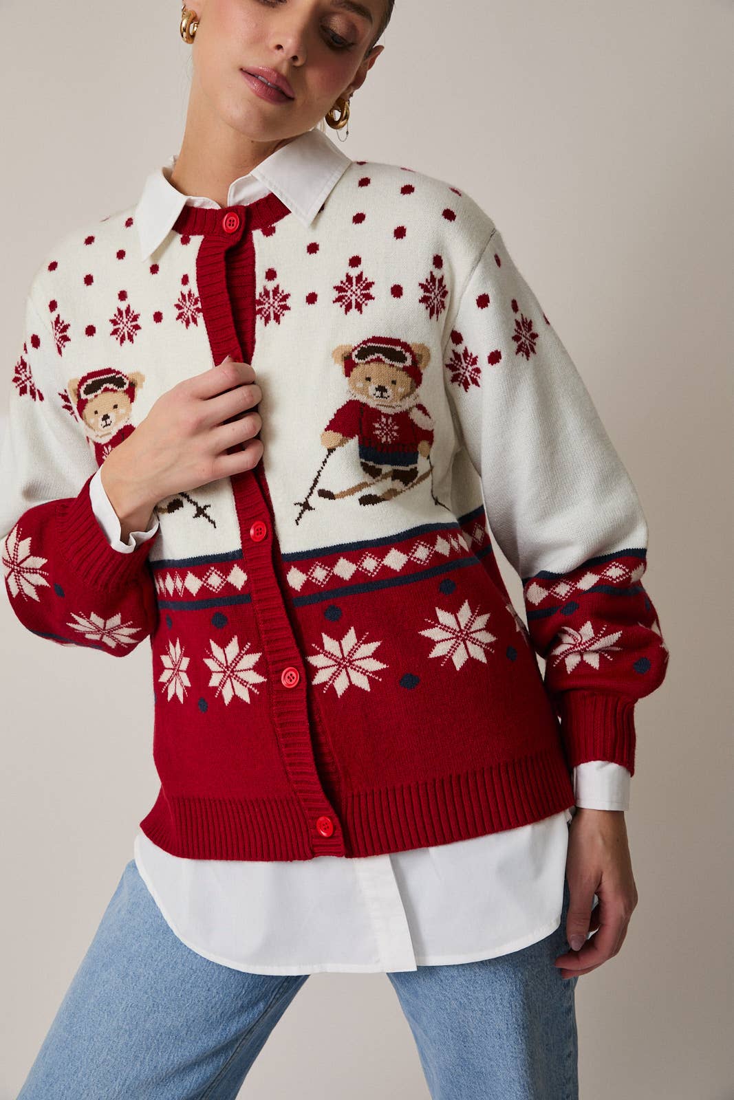 BUTTON UP "SKI BEAR" SWEATER CARDIGAN