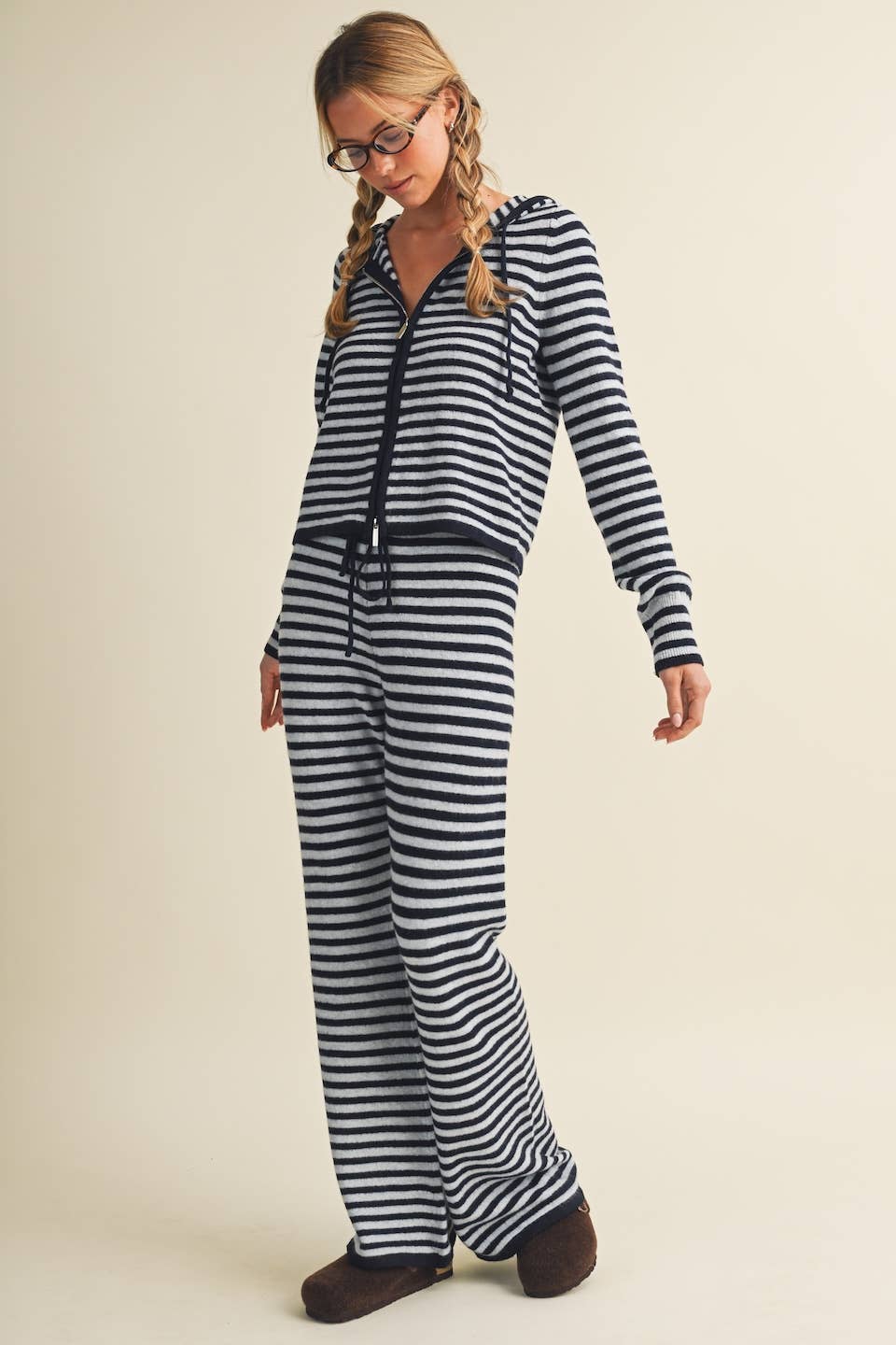 Striped Relaxed Zip Up Knit Sweater Hoodie: Choco Pink Stripe