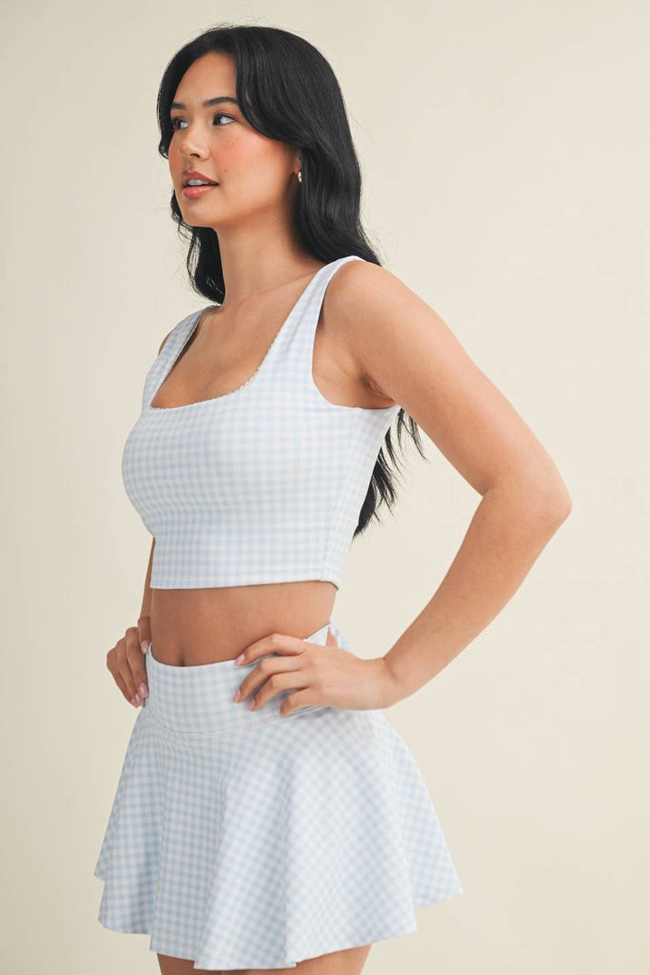 Gingham Print Crop Tank with Lace Trim