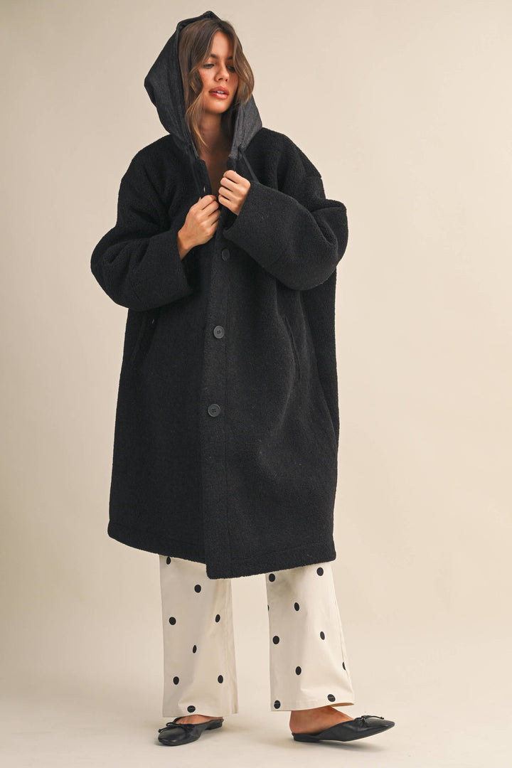 OVERSIZED DENIM CONTRAST HOODIE SHERPA COAT