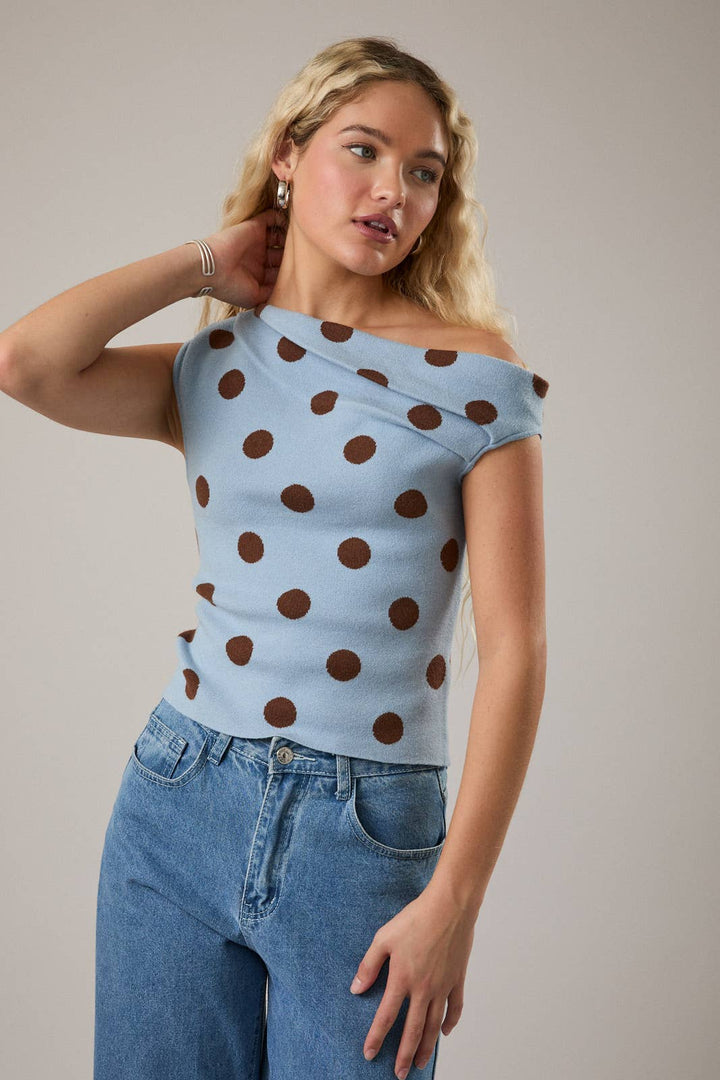 POLKA DOT DETAIL ASYMMETRICAL NECK SWEATER TOP: BLACK