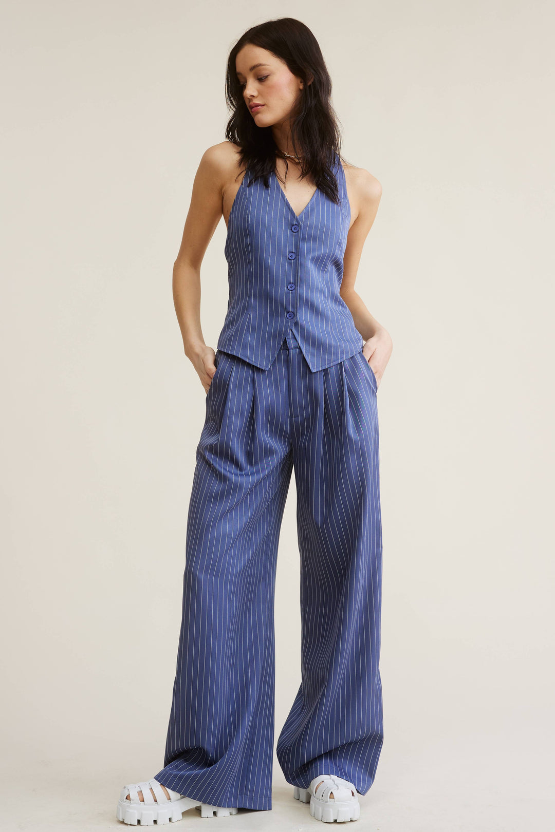 PINSTRIPE HALTER VEST + WIDE LEG PANTS MATCHING SET