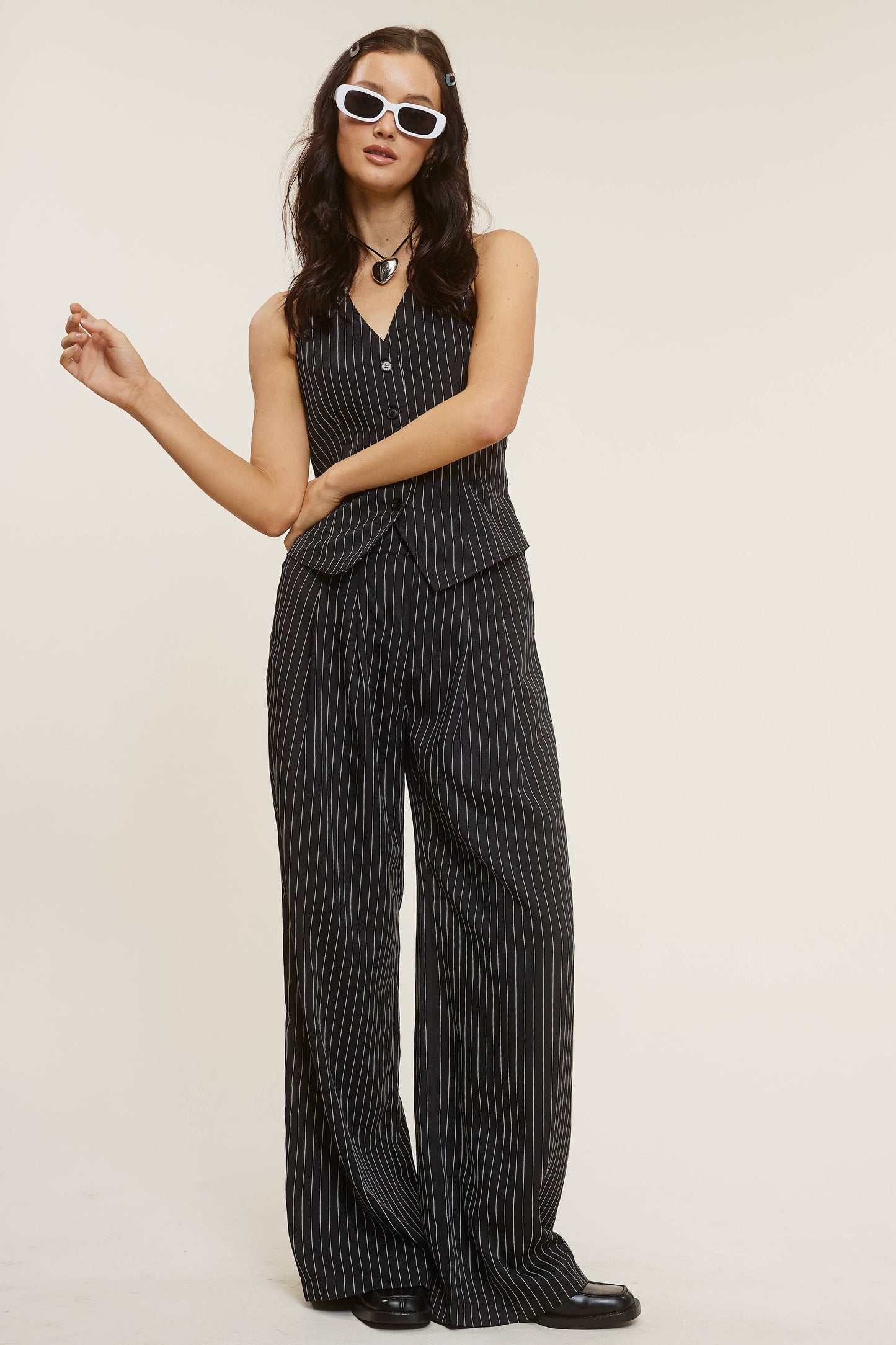 PINSTRIPE HALTER VEST + WIDE LEG PANTS MATCHING SET