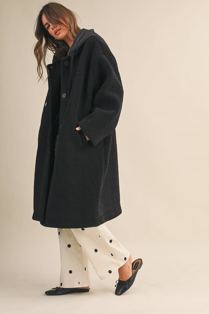 OVERSIZED DENIM CONTRAST HOODIE SHERPA COAT