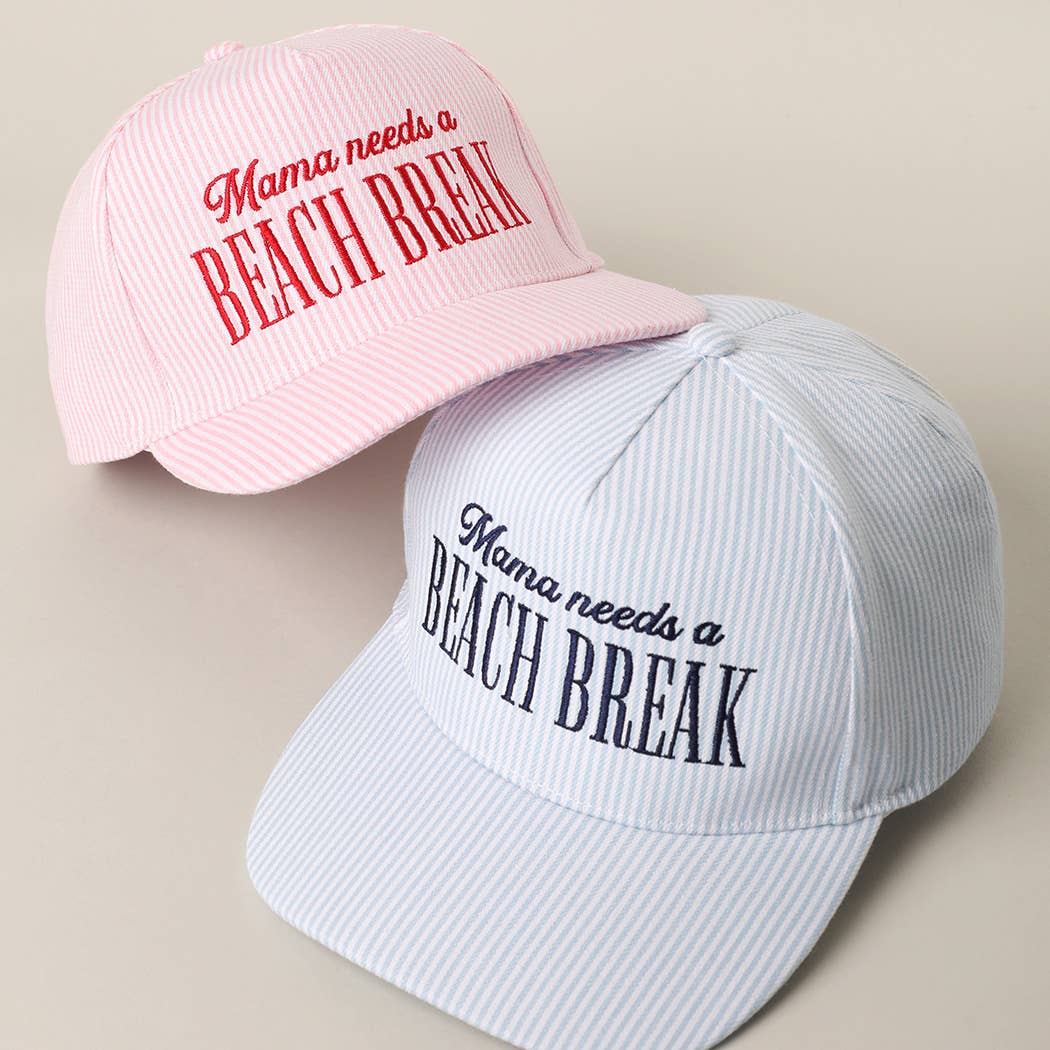 Fashion City - MAMA NEEDS A BEACH BREAK Embroidered StripedTrucker Hat: Pink