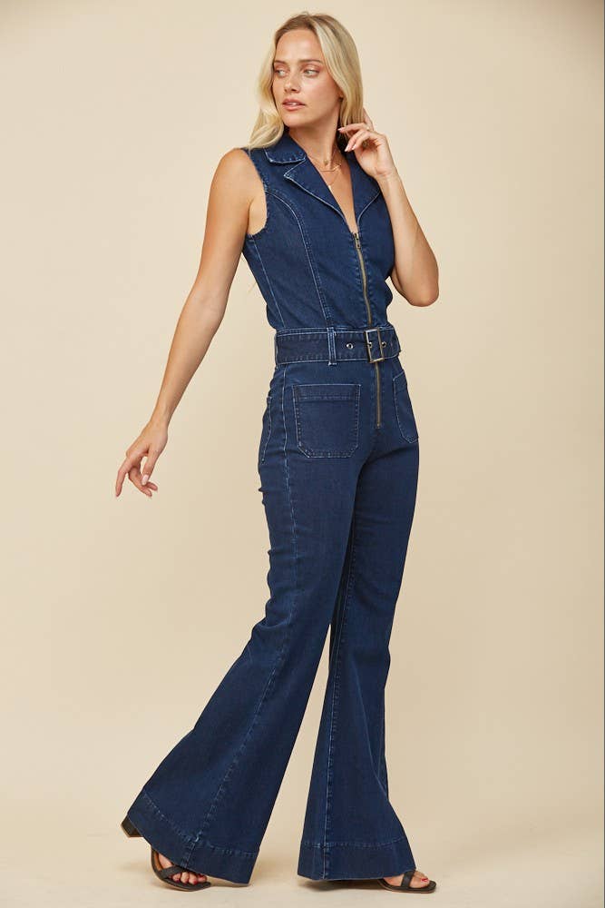 SLEEVELESS LONG DENIM BELTED JUMPSUIT